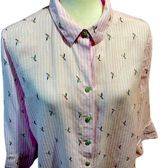 Chico's Linen Pink White Stripe Hummingbird 3/4 Sleeve Button Down Size 2/Large - Picture 2 of 13